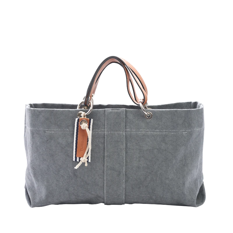 sac de ville modulable en coton gris avec des anses en cuir naturel