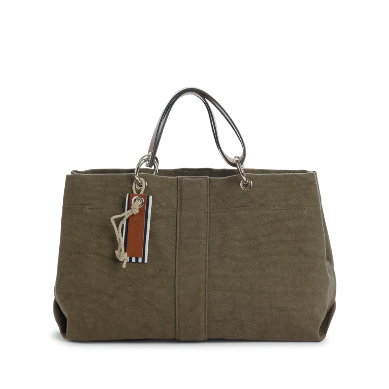 sac de ville modulable en coton kaki avec des anses en cuir naturel