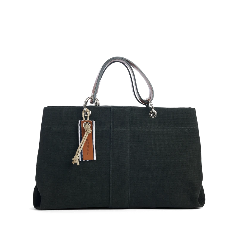 sac de ville modulable en coton noir avec des anses en cuir naturel