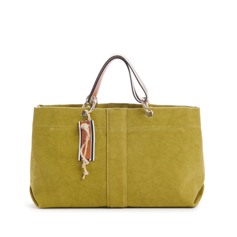 sac de ville modulable en coton olive et ses anses en cuir naturel