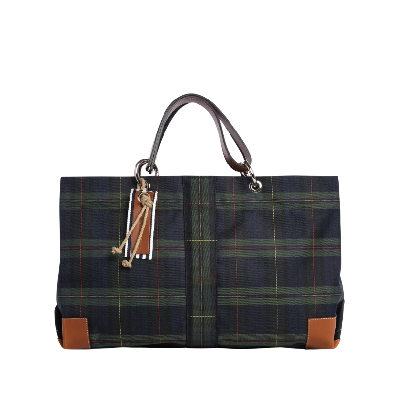 sac de ville modulable en polyester écossais marine avec des anses en cuir naturel