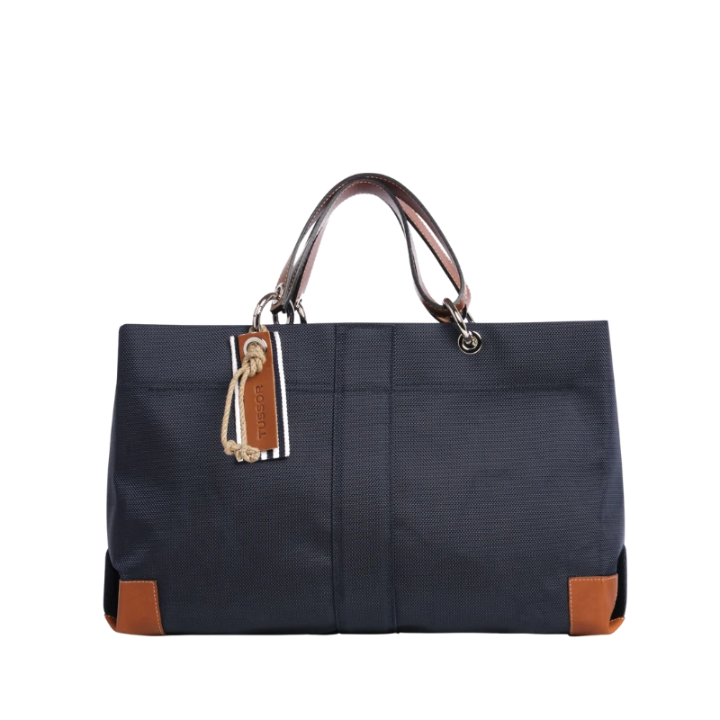 sac de ville modulable en polyester givré bleu marine avec des anses en cuir naturel