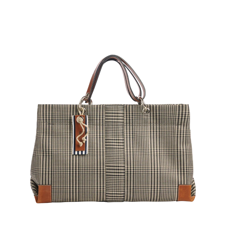 sac de ville modulable en polyester prince de Galles avec des anses en cuir naturel