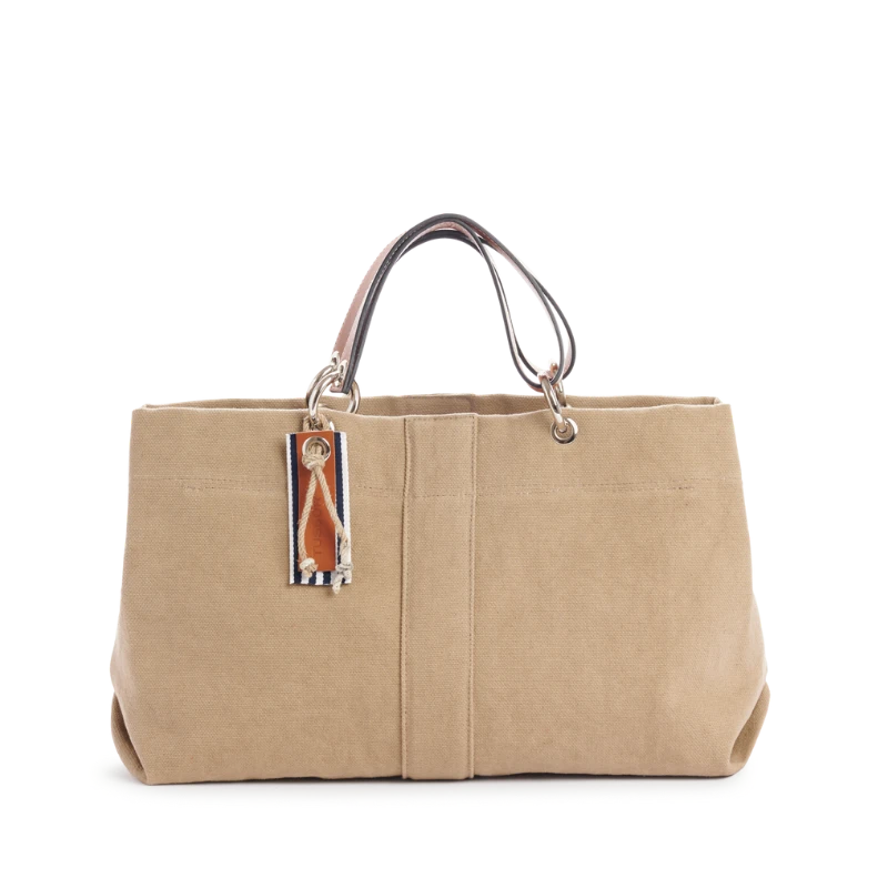 sac de ville modulable en coton sable avec des anses en cuir naturel