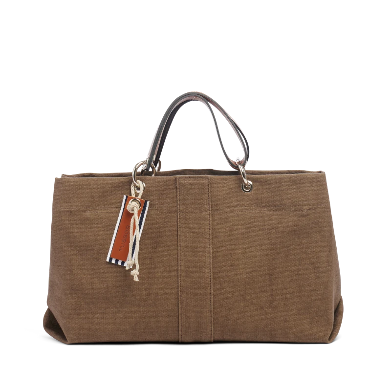 sac de ville modulable en coton taupe avec des anses en cuir naturel