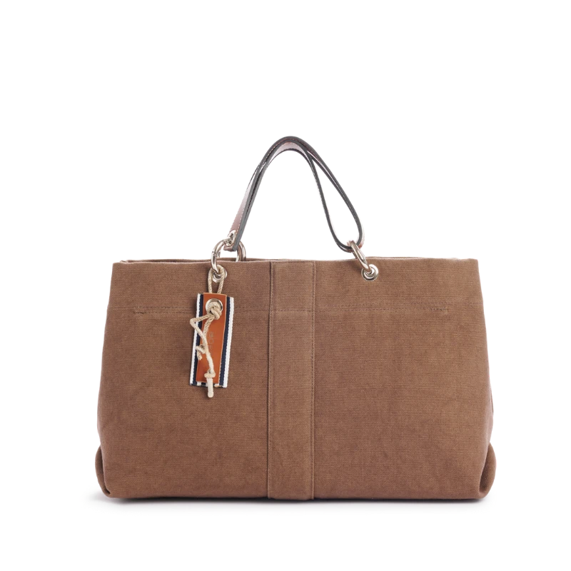 sac de ville modulable en coton terre avec des anses en cuir naturel