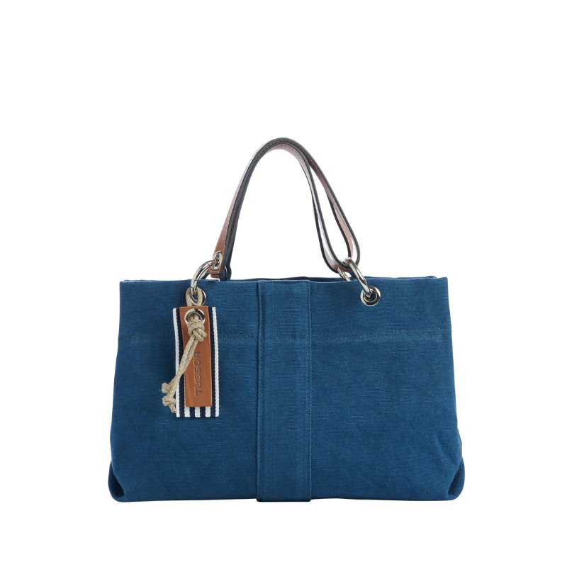 sac de ville modulable en coton bleu canard avec des anses en cuir naturel