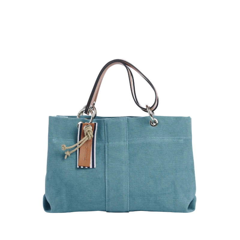 sac de ville modulable en coton bleu français avec des anses en cuir naturel