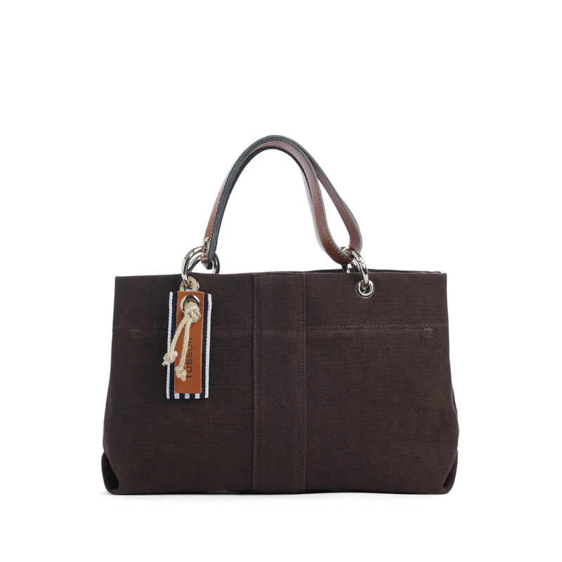 sac de ville modulable en coton chocolat avec des anses en cuir naturel