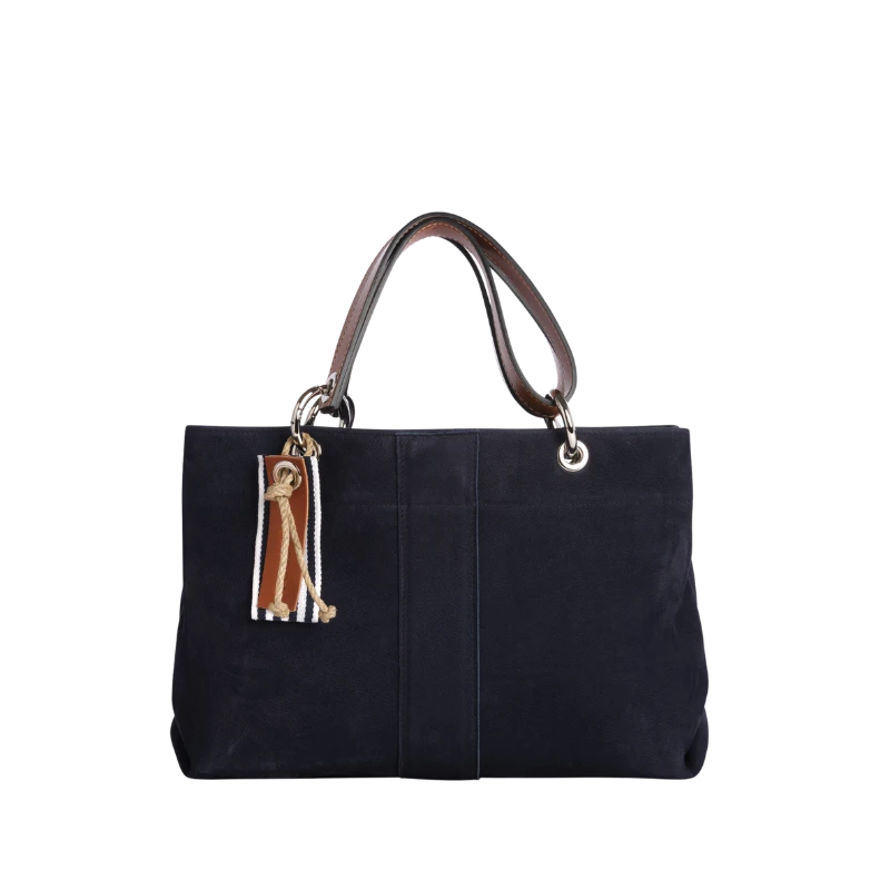 sac de ville modulable en cuir nubuck veau bleu marine avec des anses en cuir naturel