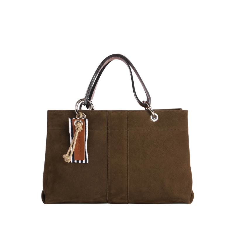 sac de ville modulable en cuir nubuck veau taupe avec des anses en cuir naturel