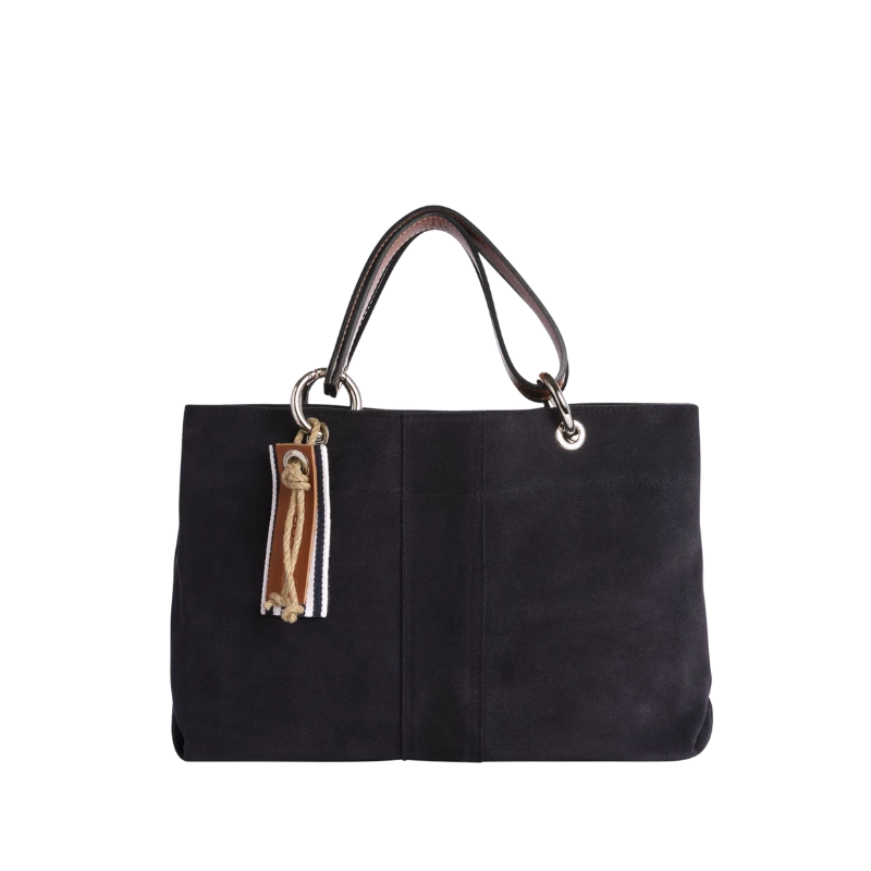 sac de ville modulable en cuir vachette velours bleu marine avec des anses en cuir naturel