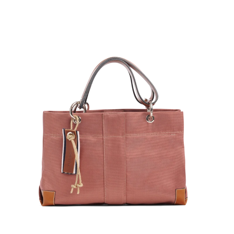 sac de ville modulable en polyester givré bois de rose avec des anses en cuir naturel
