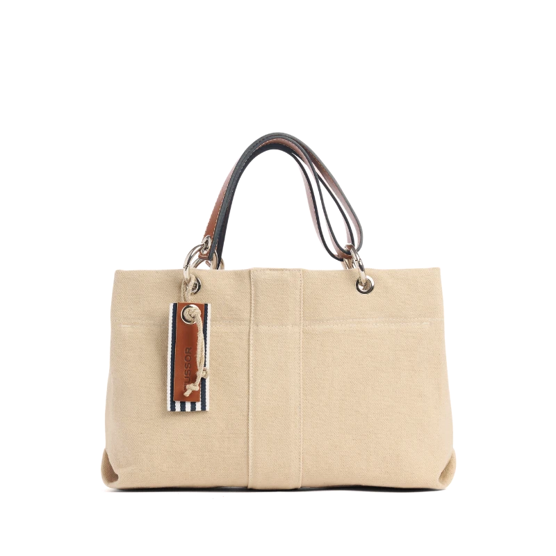 sac de ville modulable en coton grege avec des anses en cuir naturel