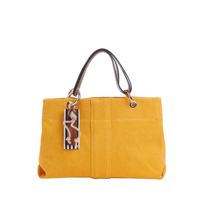 sac de ville modulable en coton jaune avec des anses en cuir naturel