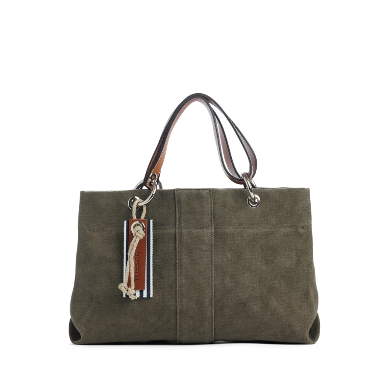 sac de ville modulable en coton kaki avec des anses en cuir naturel