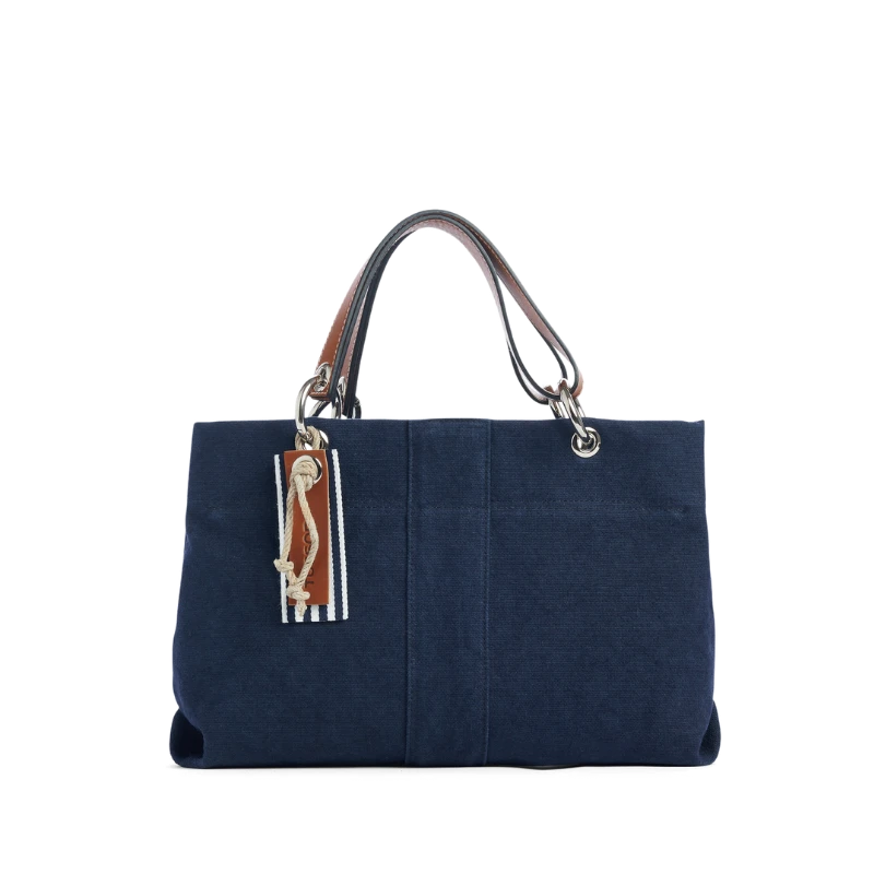 sac de ville modulable en coton marine avec des anses en cuir naturel