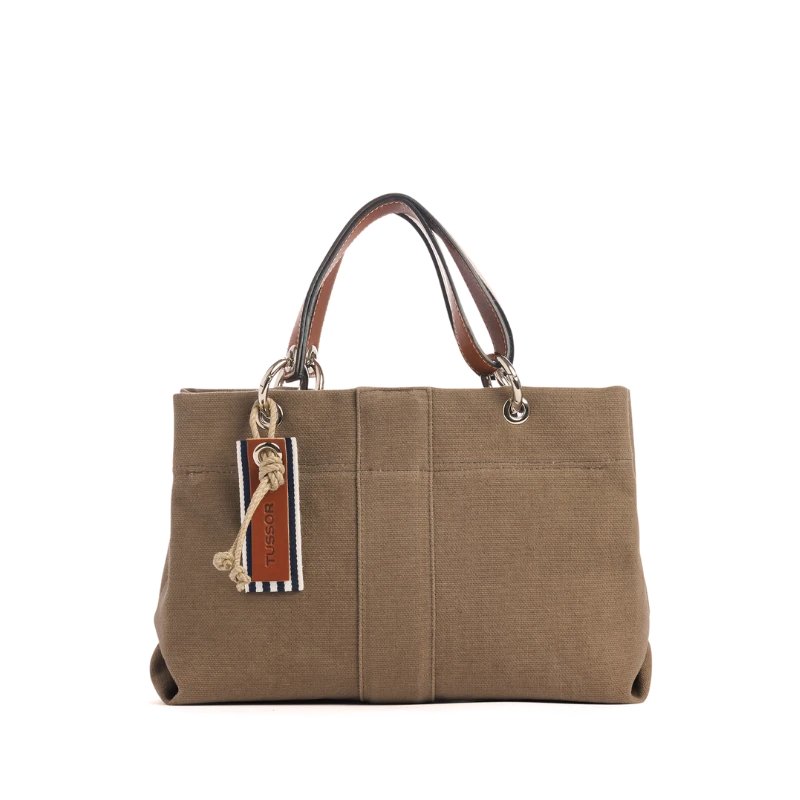 sac de ville modulable en coton taupe avec des anses en cuir naturel