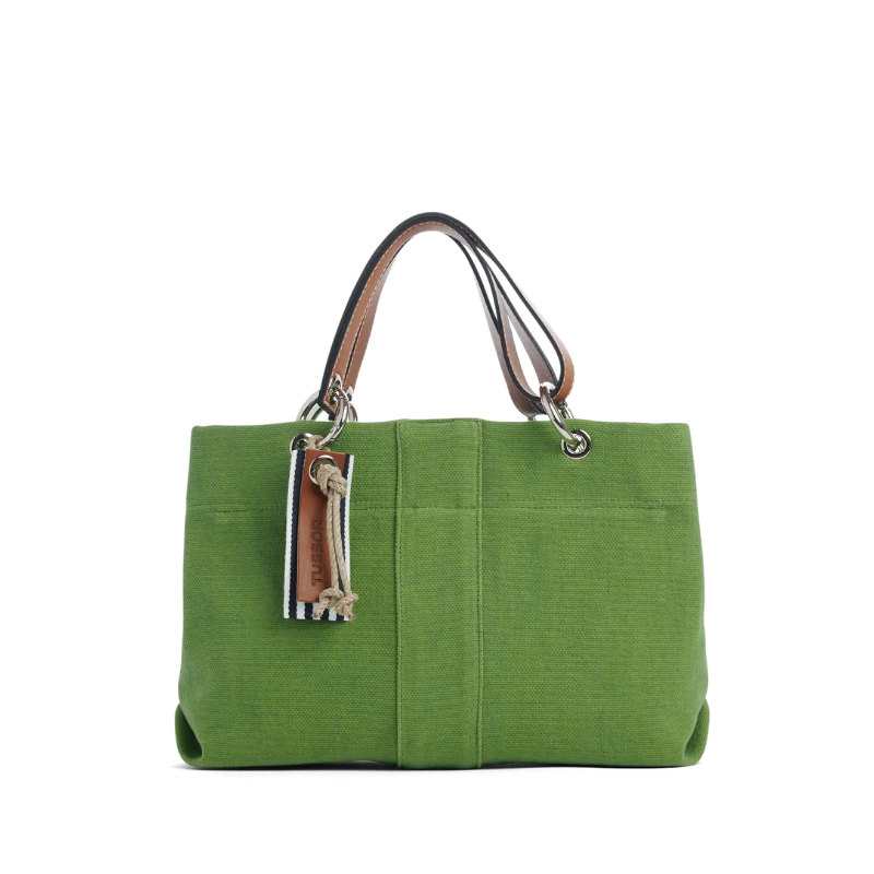 sac de ville modulable en coton vert avec des anses en cuir naturel