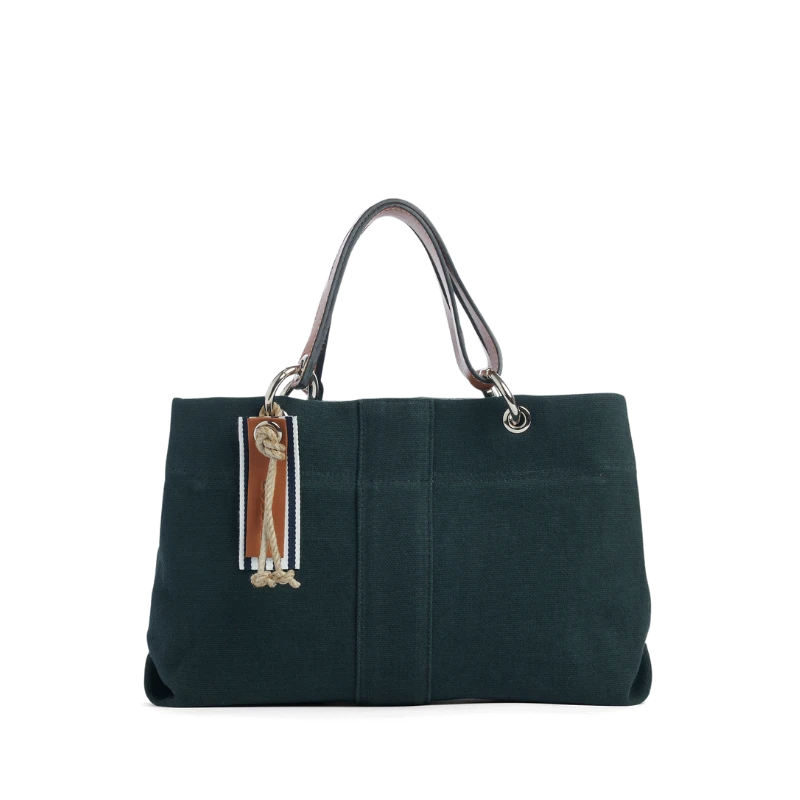 sac de ville modulable en coton vert foret avec des anses en cuir naturel