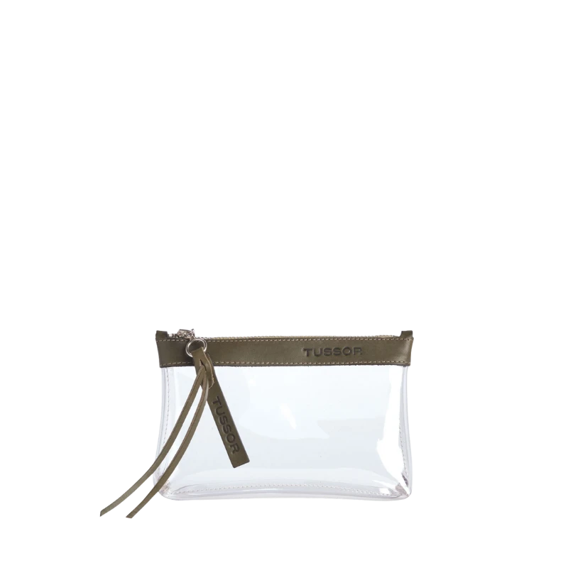 pochette en plastique transparent et cuir kaki