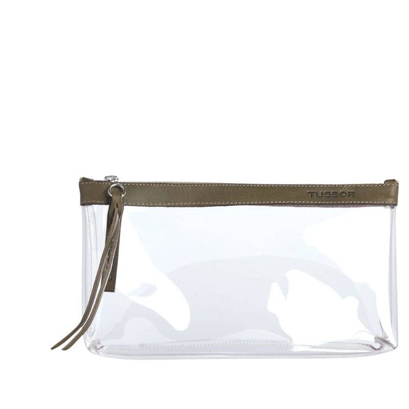 pochette en plastique transparent et cuir kaki