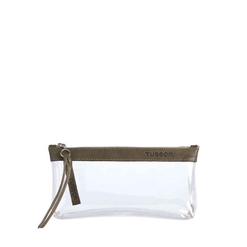 pochette en plastique transparent et cuir kaki