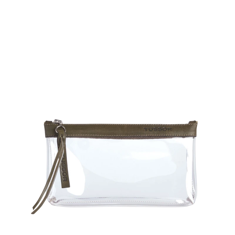 pochette en plastique transparent et cuir kaki