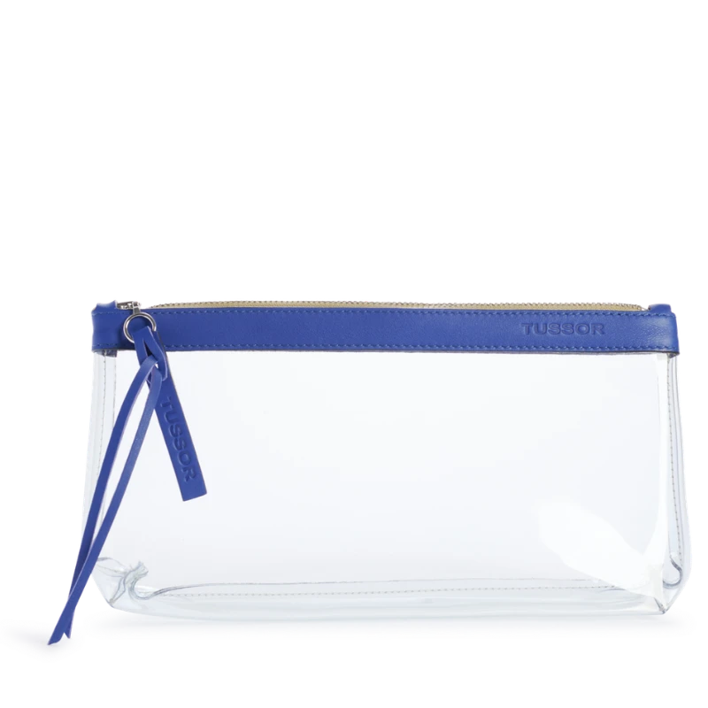 pochette en plastique transparent et cuir bleu cobalt