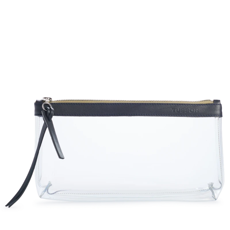 pochette en plastique transparent et cuir bleu nuit
