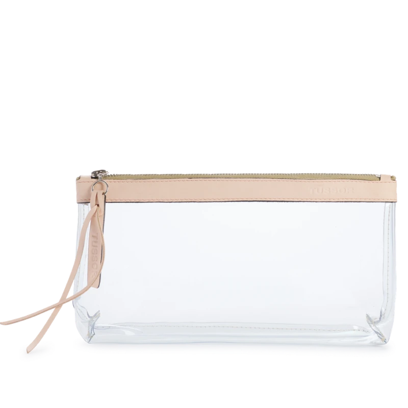 pochette en plastique transparent et cuir poudré