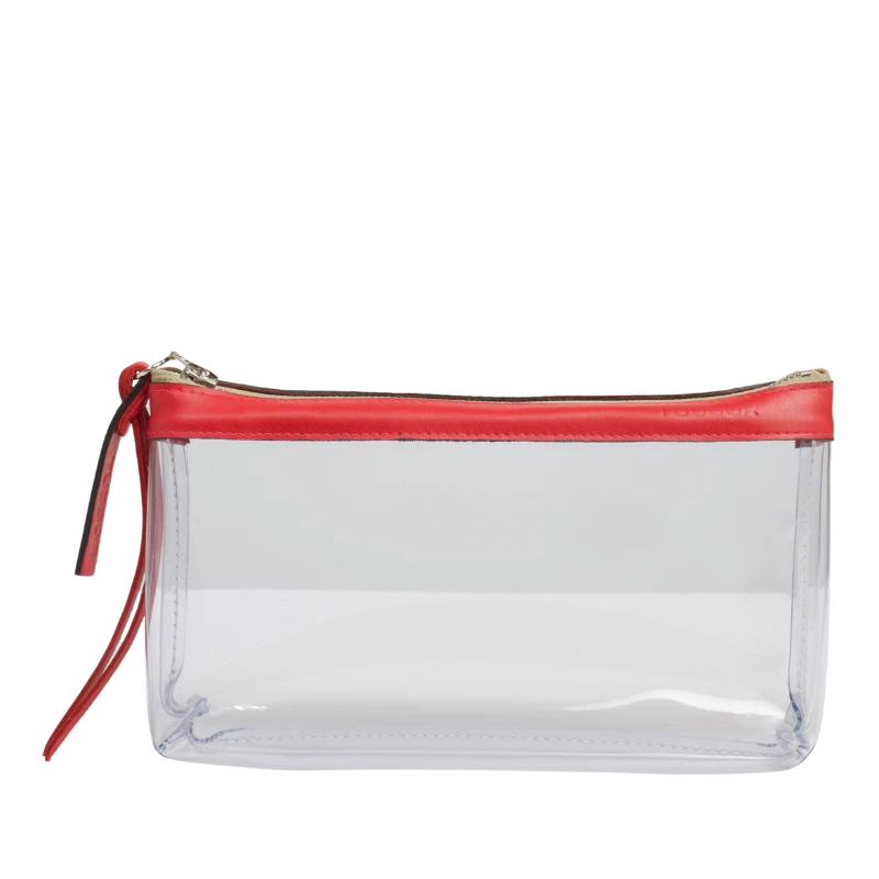 pochette en plastique transparent et cuir rouge