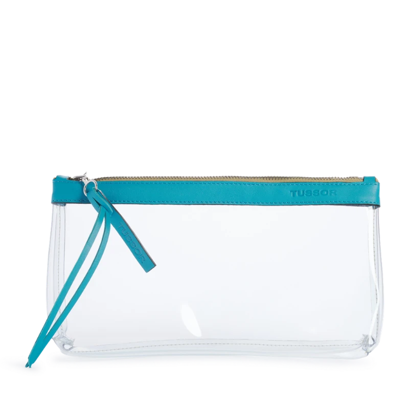 pochette en plastique transparent et cuir turquoise