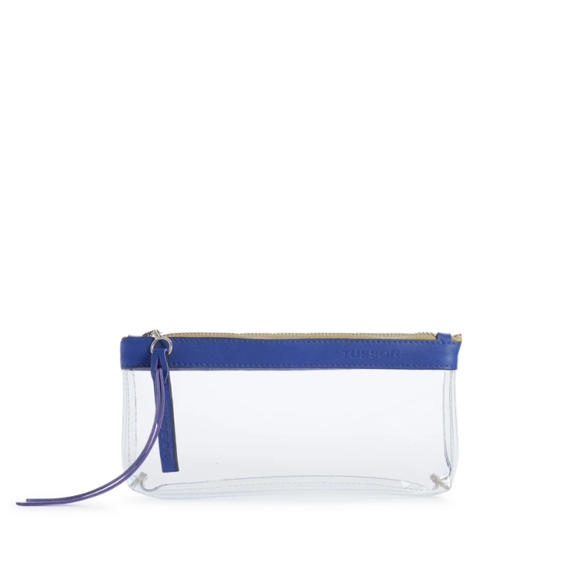 pochette en plastique transparent et cuir bleu cobalt