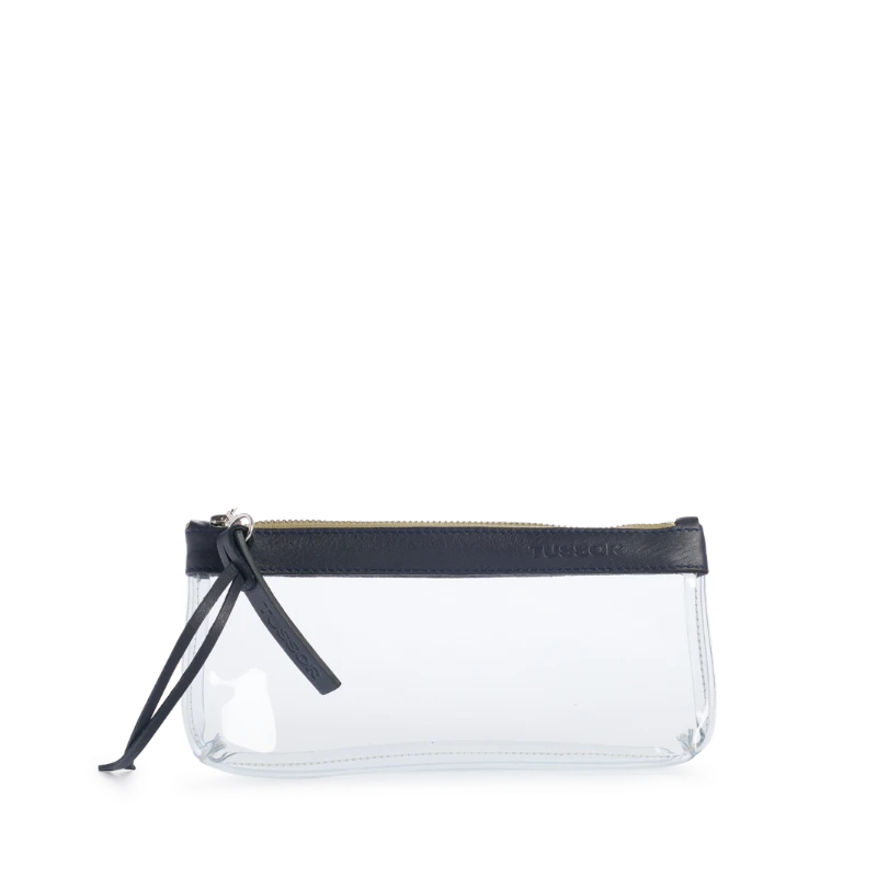 pochette en plastique transparent et cuir bleu nuit