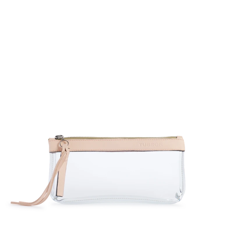 pochette en plastique transparent et cuir poudré