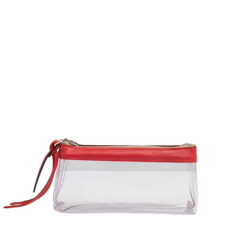 pochette en plastique transparent et cuir rouge