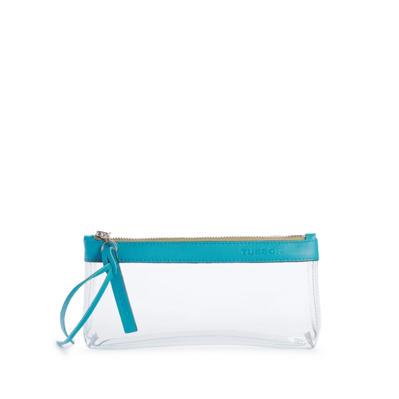 pochette en plastique transparent et cuir turquoise