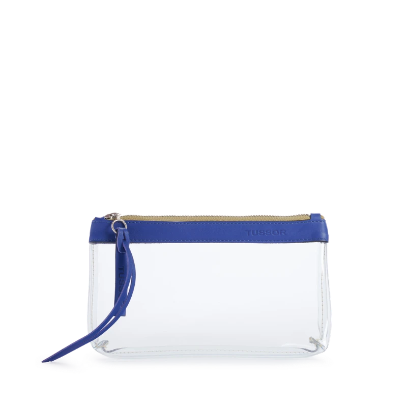 pochette en plastique transparent et cuir bleu cobalt