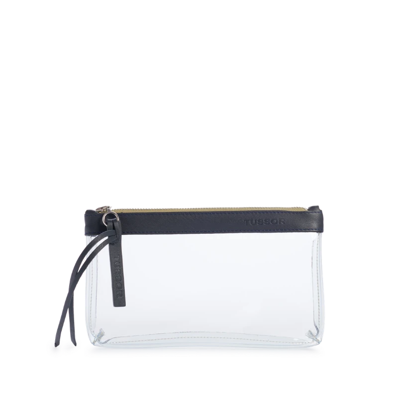 pochette en plastique transparent et cuir bleu nuit