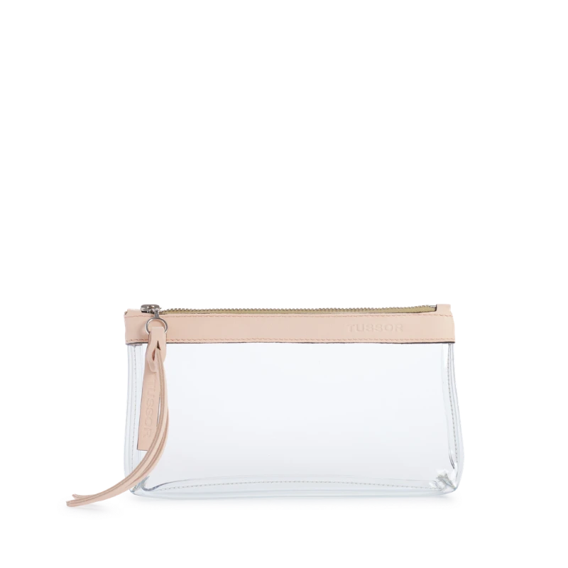pochette en plastique transparent et cuir poudre