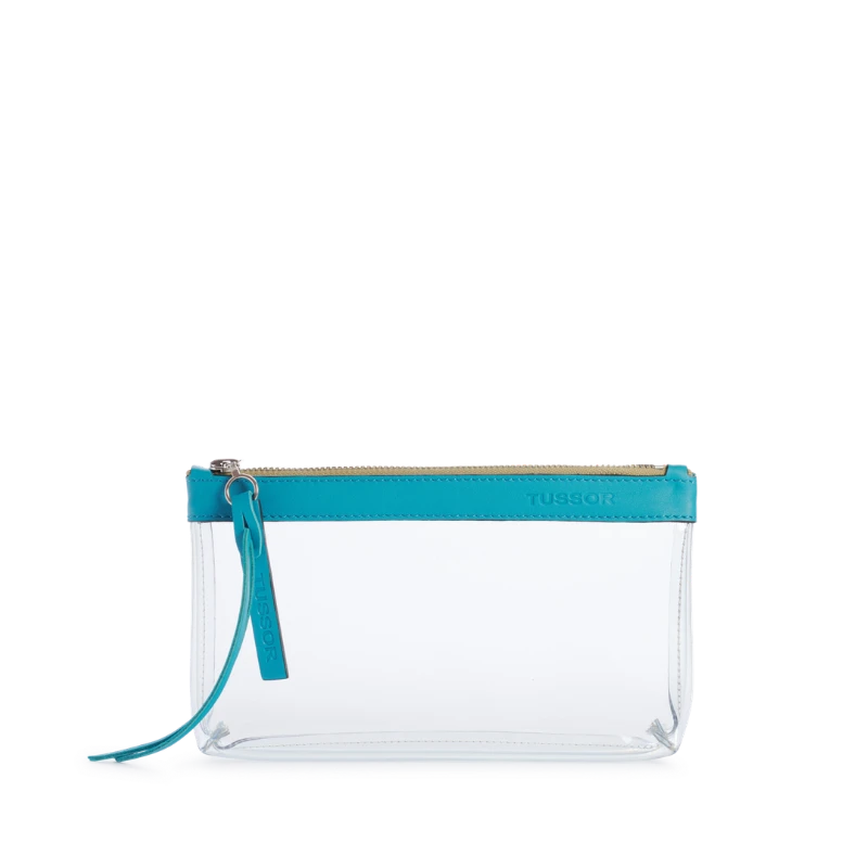 pochette en plastique transparent et cuir turquoise