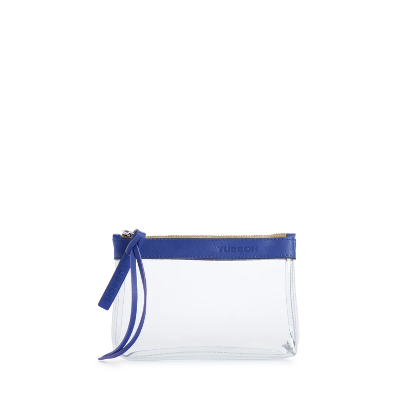 pochette en plastique transparent et cuir bleu cobalt