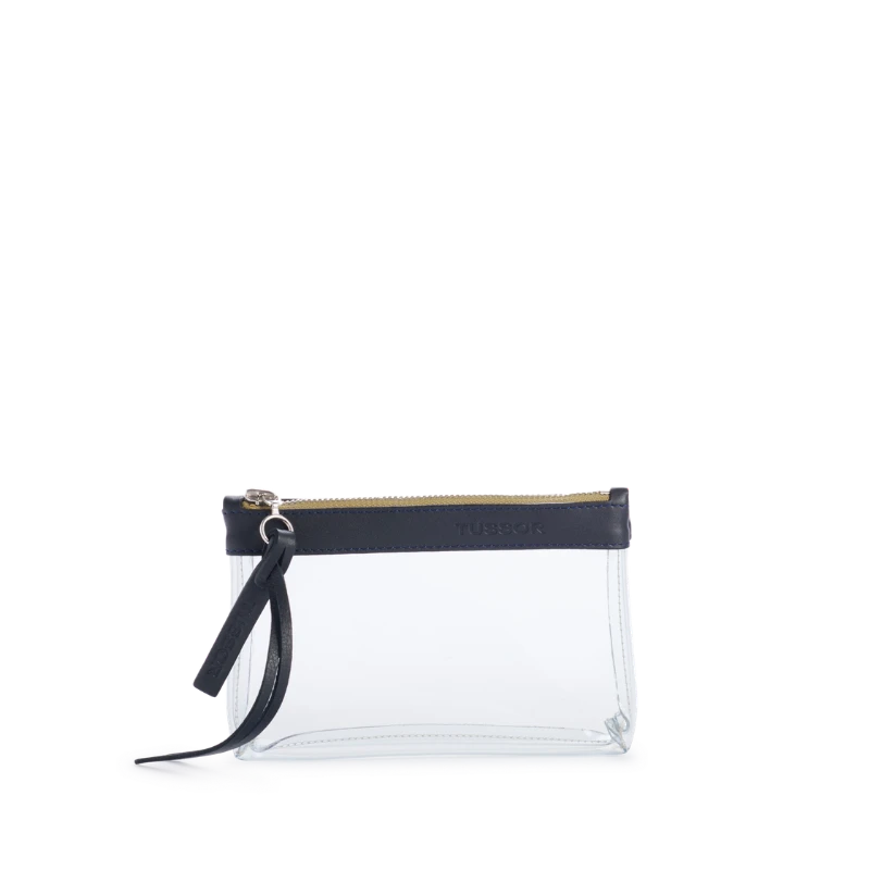 pochette en plastique transparent et cuir bleu nuit