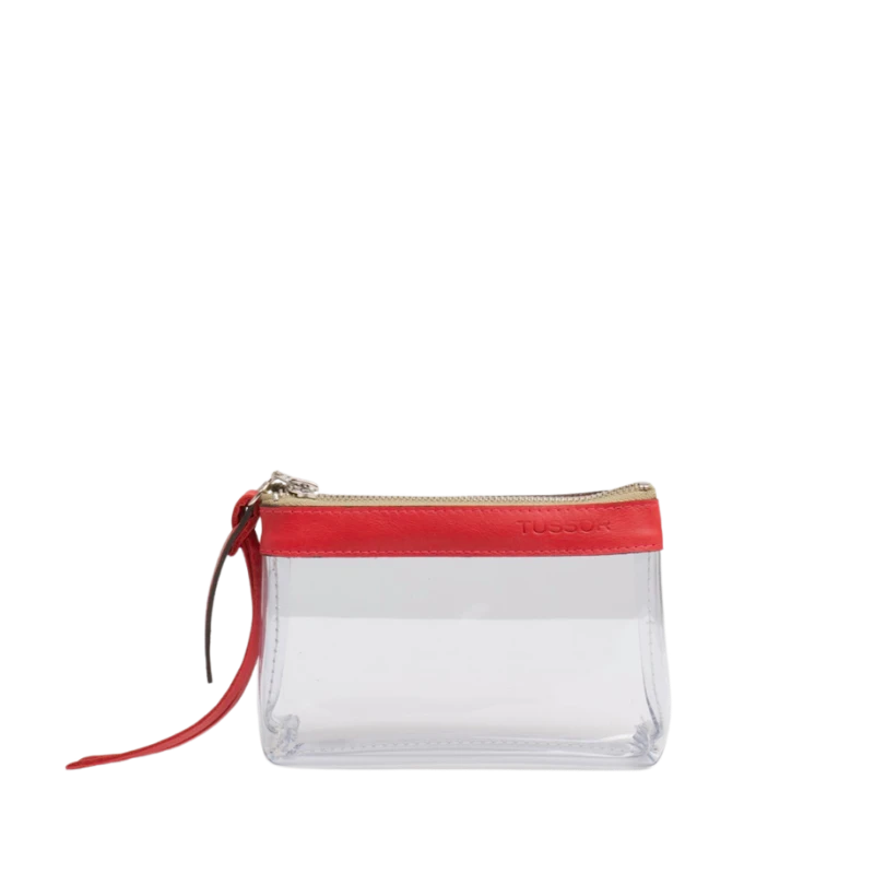 pochette en plastique transparent et cuir rouge