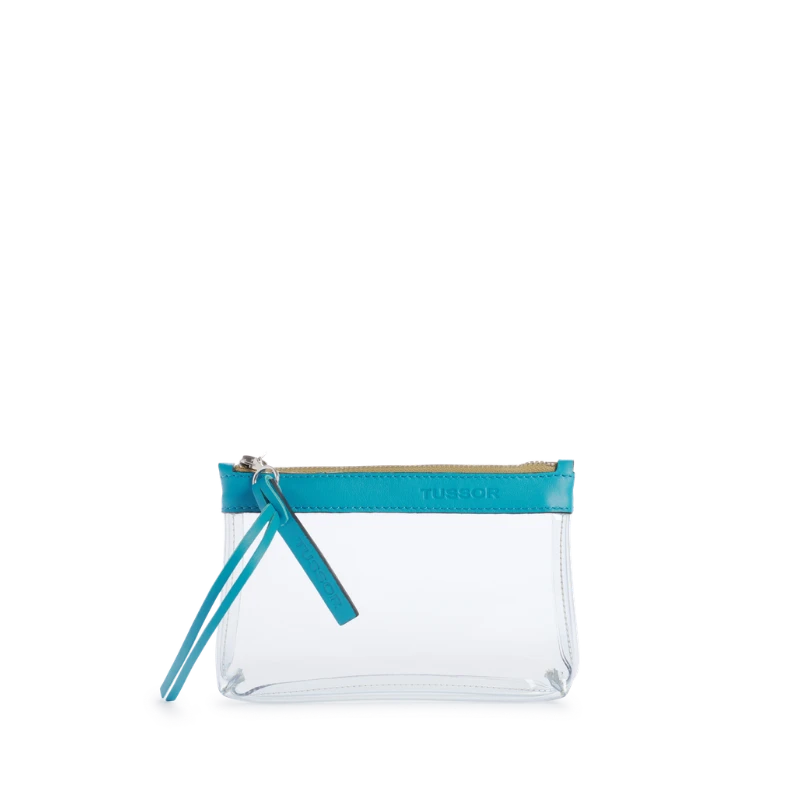 pochette en plastique transparent et cuir turquoise
