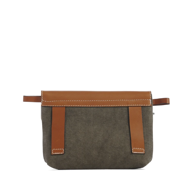 pochette mobile amovible en coton kaki et cuir
