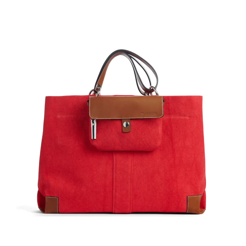 pochette mobile amovible en coton rouge et cuir sur un sac canotage working rouge