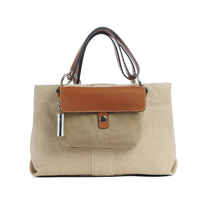 pochette mobile amovible en coton sable et cuir sur un sac canotage small coton grege