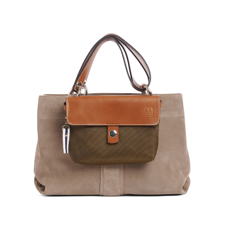 pochette mobile amovible en polyester givre kaki et cuir sur un sac canotage small en cuir vachette galet